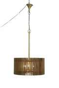 Wide Natural Mango Wood Slatted Pendant Lamp with Three Lights