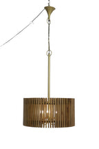 Wide Natural Mango Wood Slatted Pendant Lamp with Three Lights