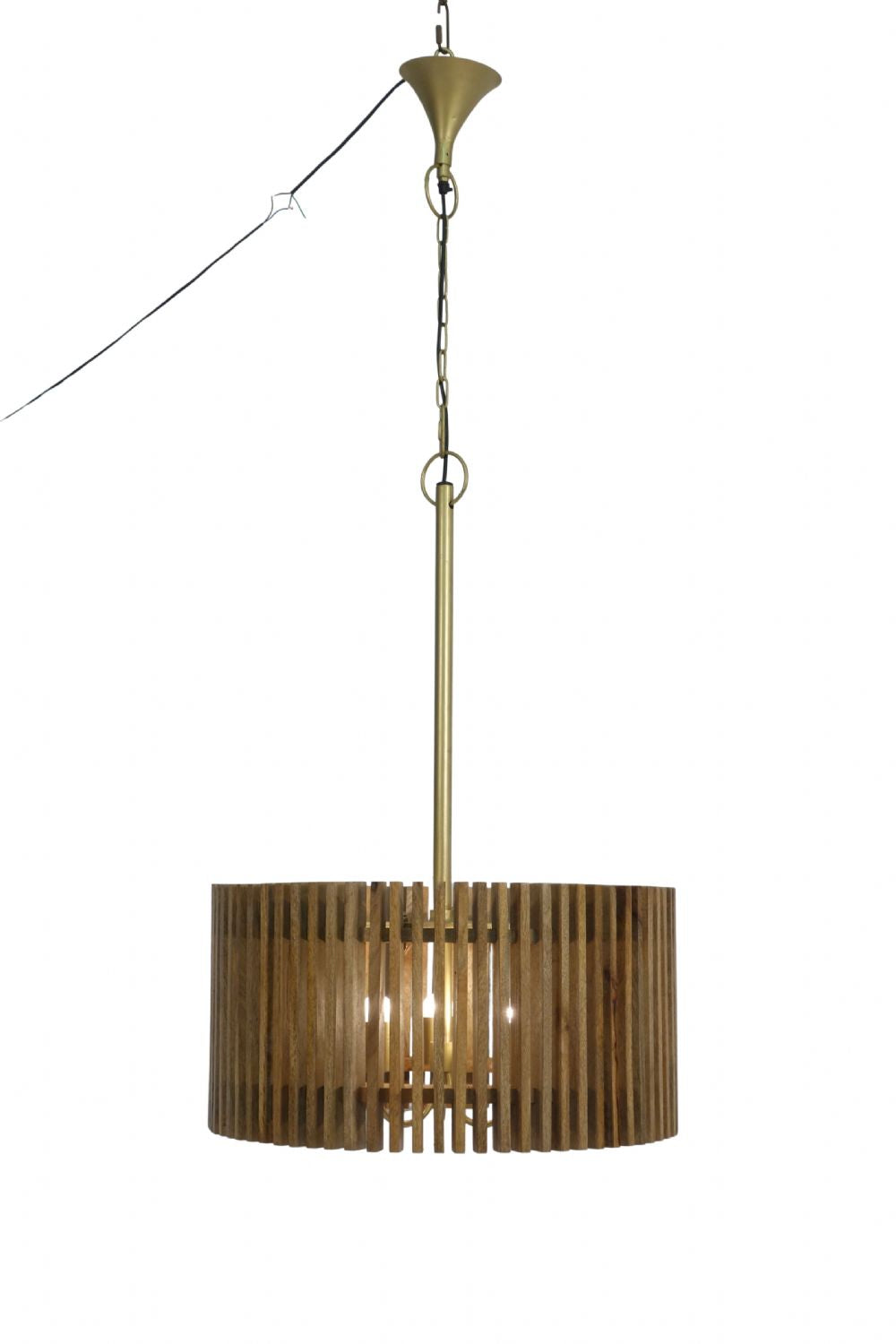 Wide Natural Mango Wood Slatted Pendant Lamp with Three Lights