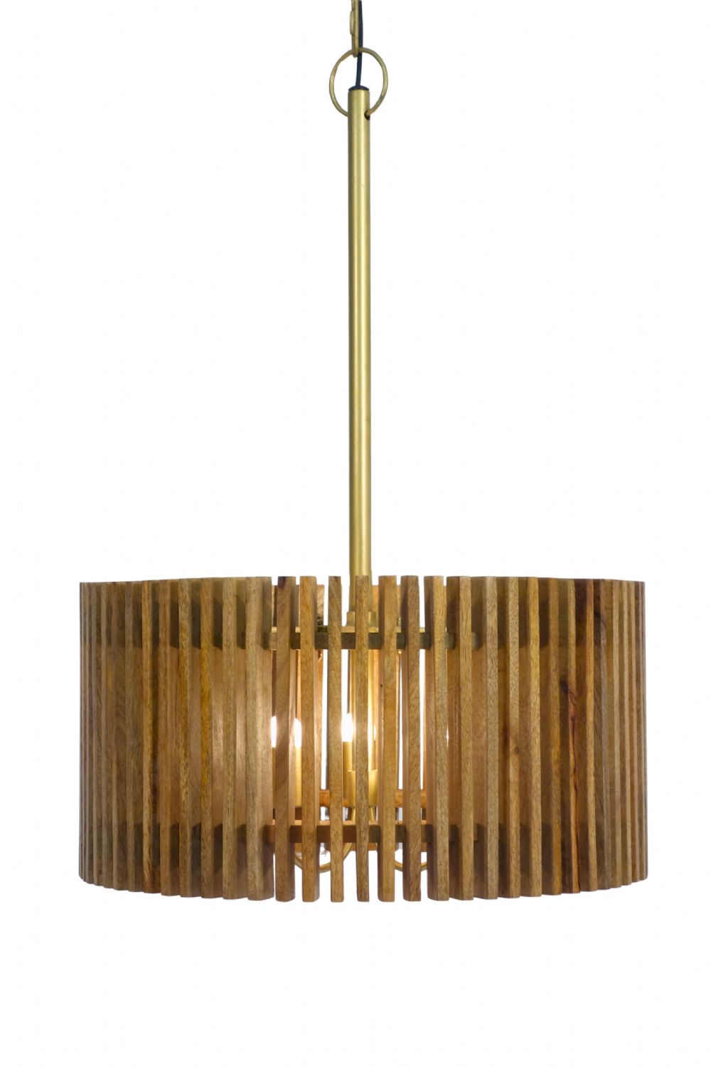 Wide Natural Mango Wood Slatted Pendant Lamp with Three Lights - Home Furniture Interiors