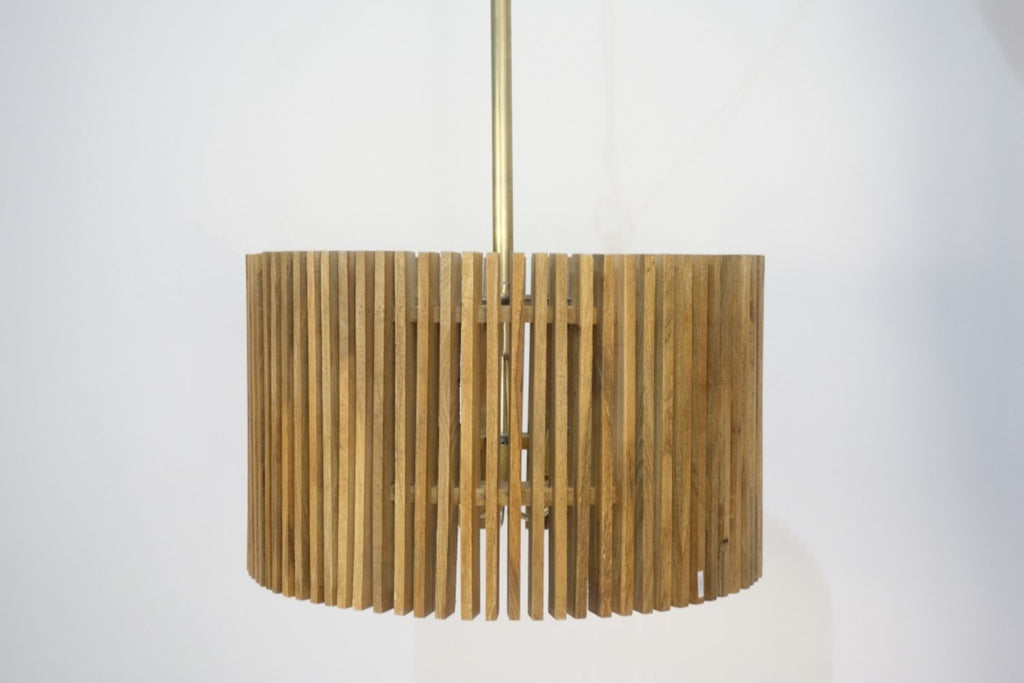 Wide Natural Mango Wood Slatted Pendant Lamp with Three Lights - Home Furniture Interiors