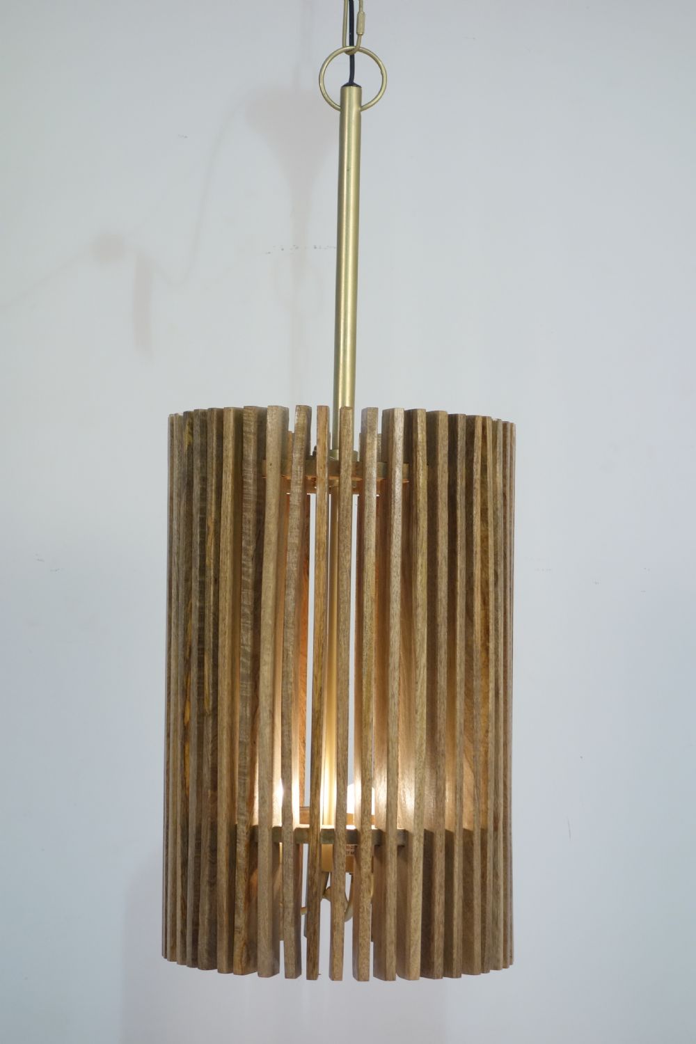 Wooden Slatted Long Pendant Lamp with Three Light Fittings