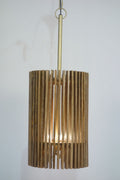 Wooden Slatted Long Pendant Lamp with Three Light Fittings