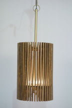 Wooden Slatted Long Pendant Lamp with Three Light Fittings