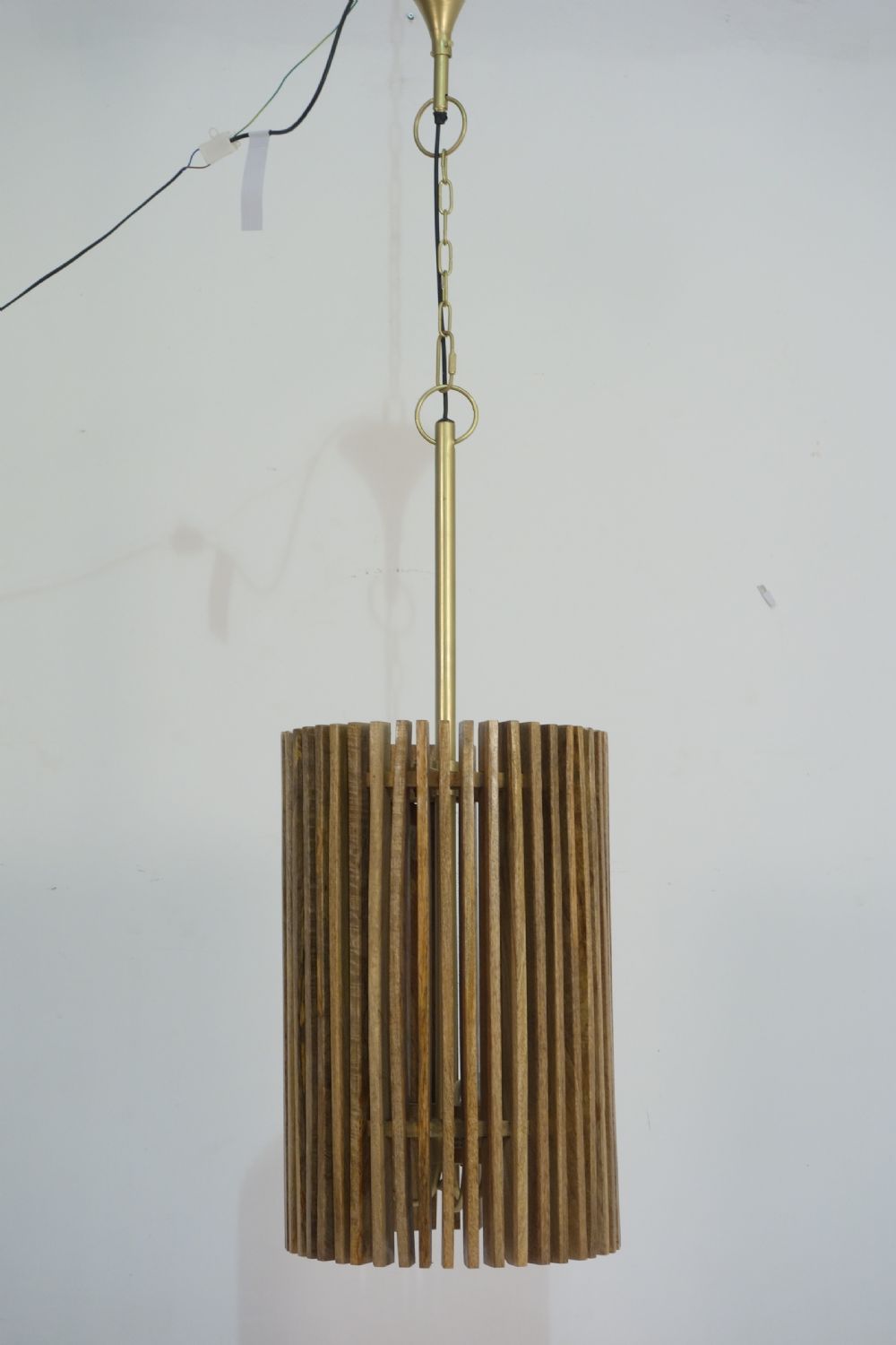Wooden Slatted Long Pendant Lamp with Three Light Fittings - Home Furniture Interiors