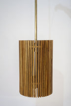 Wooden Slatted Long Pendant Lamp with Three Light Fittings - Home Furniture Interiors