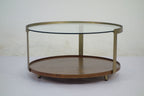 Industrial Metal Round Glass Top Coffee Table with Wooden Tray Base - Home Furniture Interiors