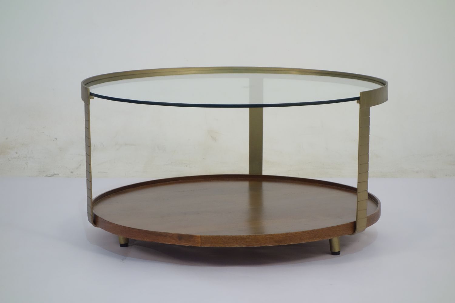 Industrial Metal Round Glass Top Coffee Table with Wooden Tray Base - Home Furniture Interiors