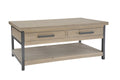 Industrial Rustic Pine and Black Metal 2 Drawer Coffee Table with Shelf