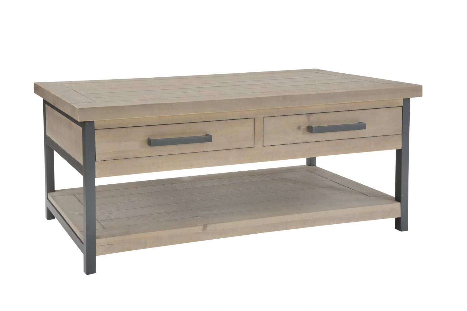Industrial Rustic Pine and Black Metal 2 Drawer Coffee Table with Shelf