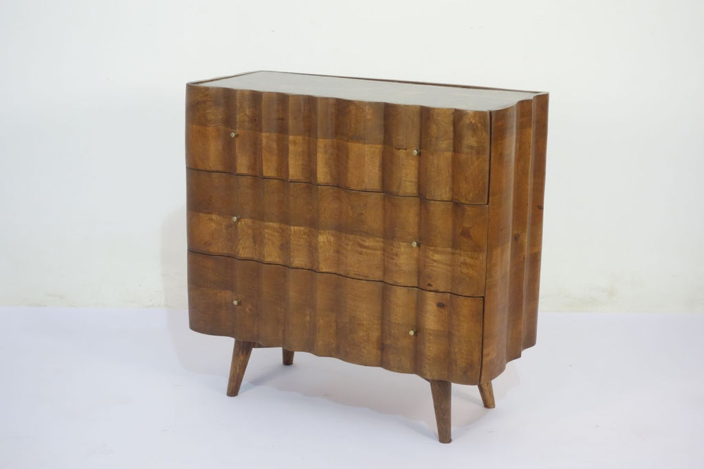 Natural Mango Wood White Marble Top 3 Drawer Fluted Cabinet - Home Furniture Interiors