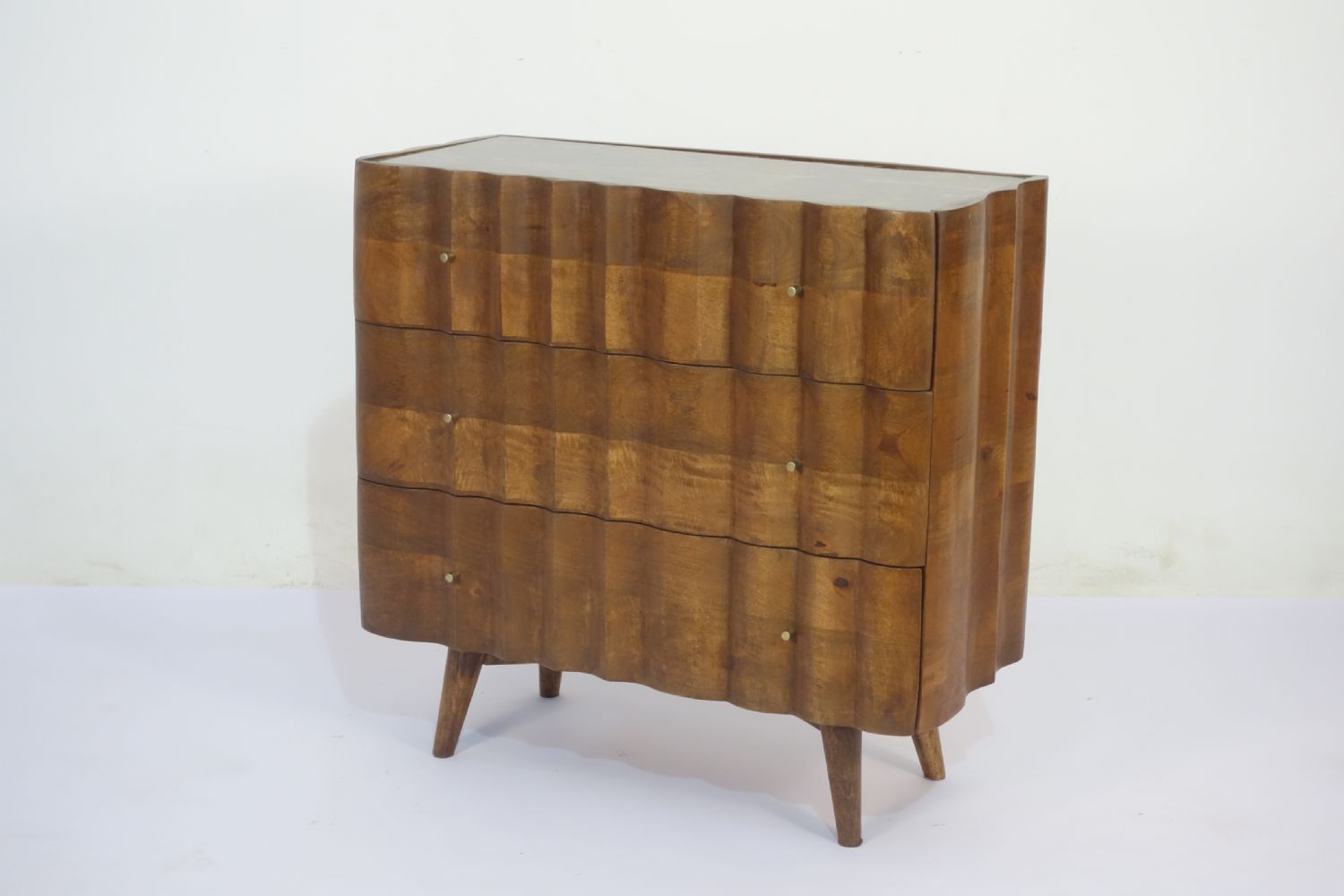 Natural Mango Wood White Marble Top 3 Drawer Fluted Cabinet - Home Furniture Interiors