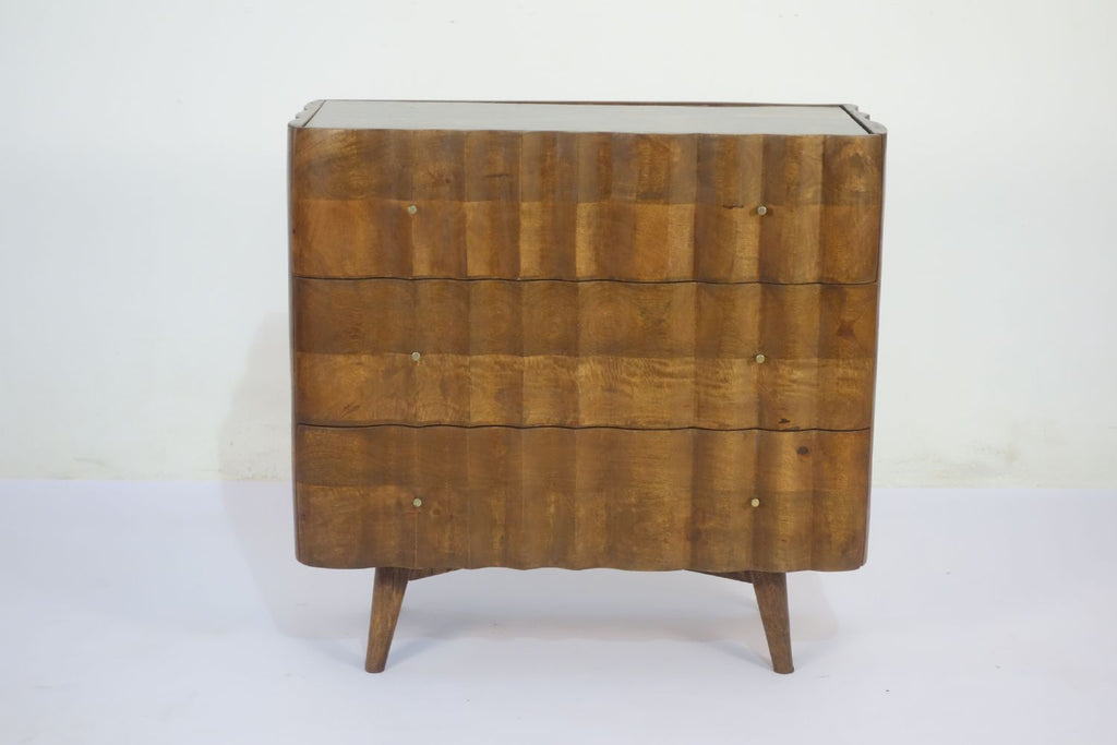 Natural Mango Wood White Marble Top 3 Drawer Fluted Cabinet - Home Furniture Interiors