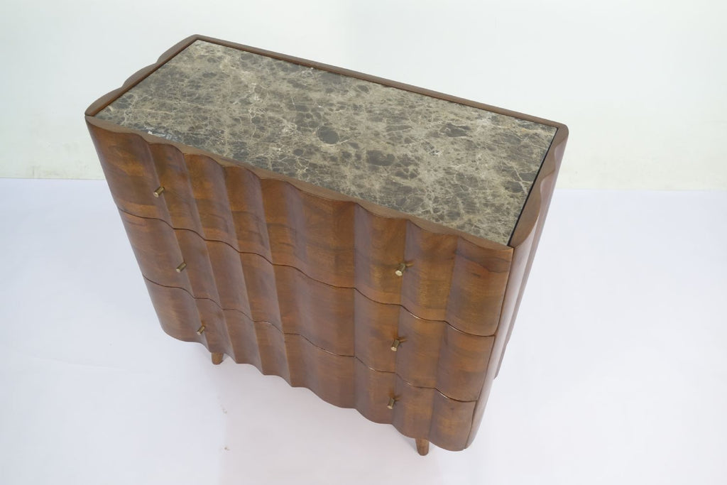 Natural Mango Wood White Marble Top 3 Drawer Fluted Cabinet - Home Furniture Interiors