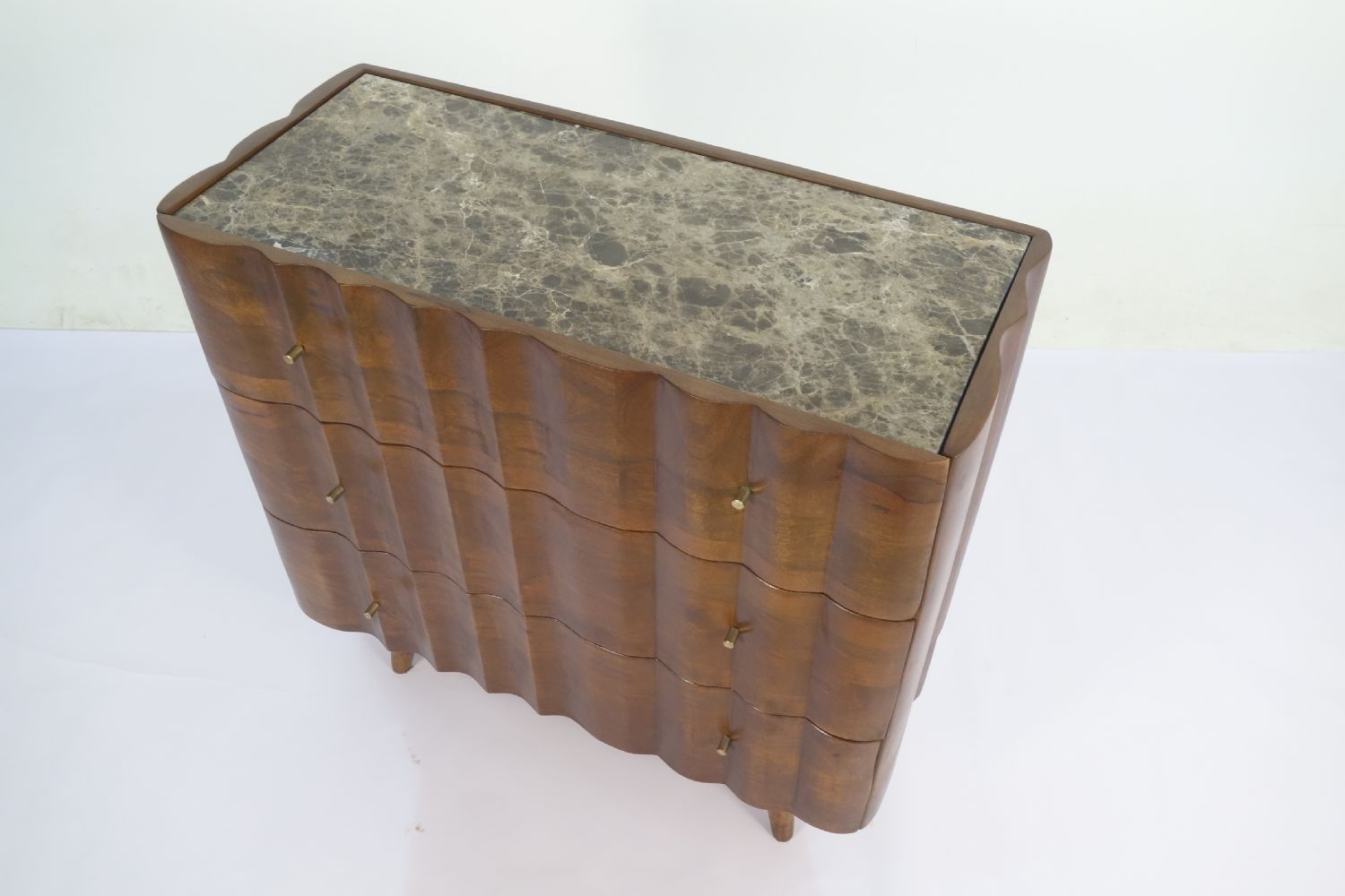 Natural Mango Wood White Marble Top 3 Drawer Fluted Cabinet - Home Furniture Interiors