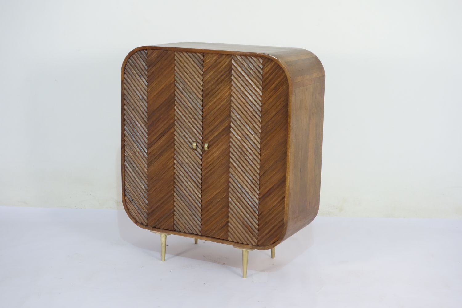 Retro Mango Wood 2 Door Chip Carved Cabinet with Brass Legs