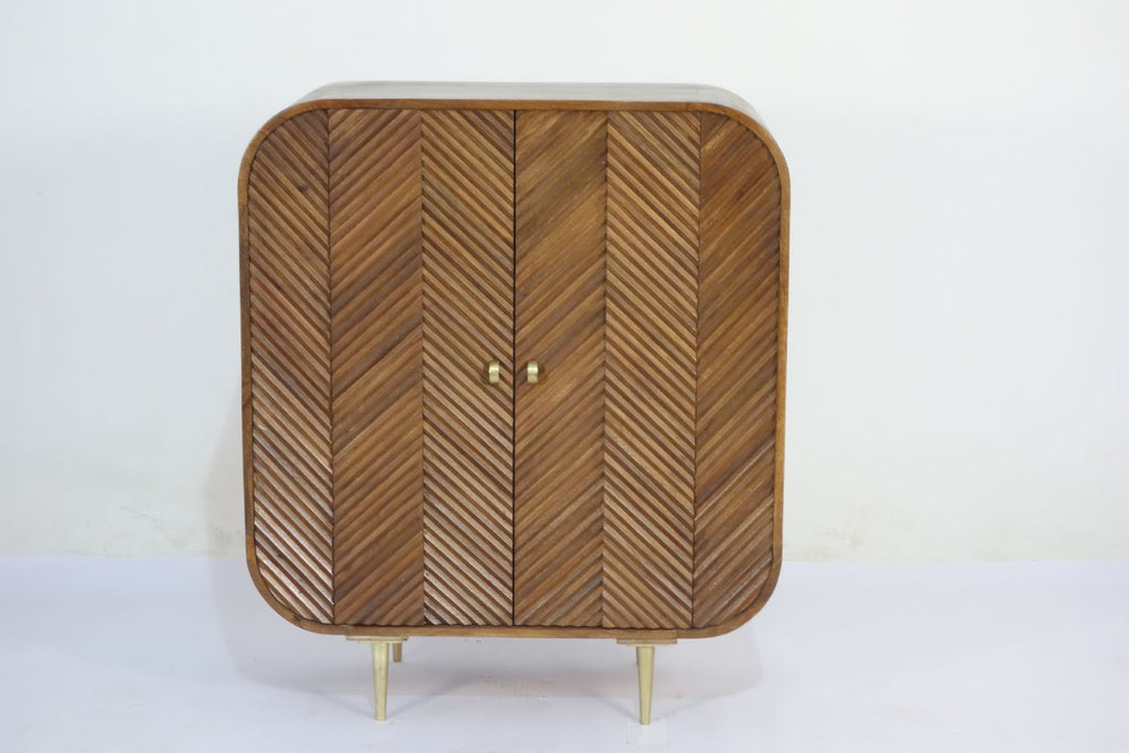 Retro Mango Wood 2 Door Chip Carved Cabinet with Brass Legs - Home Furniture Interiors