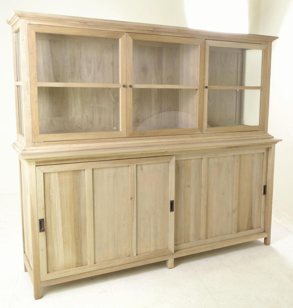 Vintage Style Natural Mango Wood 3 Door Glass Display Storage Cabinet - Home Furniture Interiors