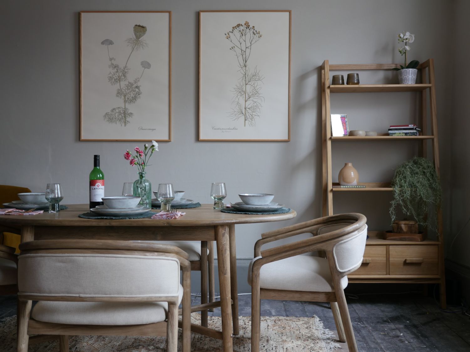Natural Teak Wood and Cream Fabric Upholstered Dining Chair - Home Furniture Interiors
