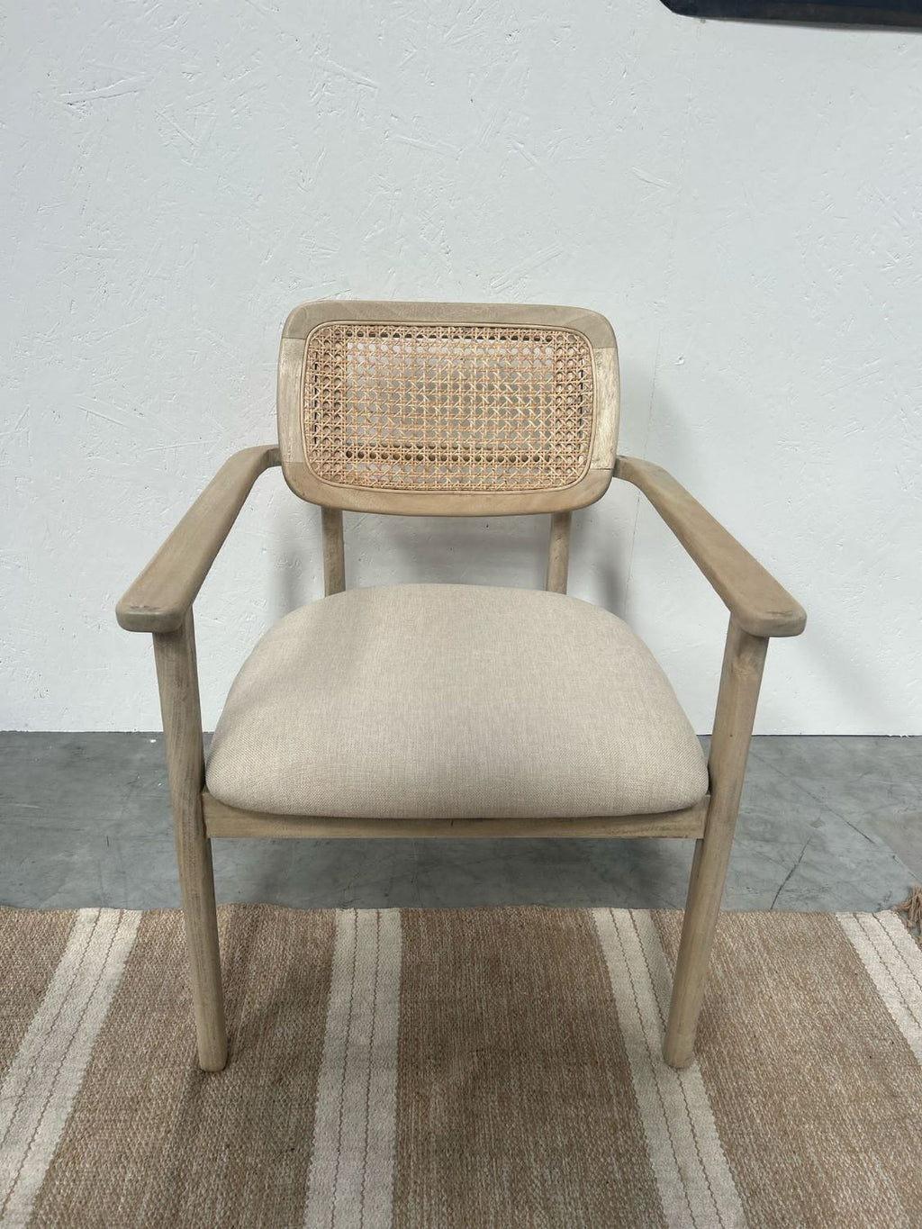 Natural Teak Wood Dining Chair with Rattan Backrest and Cushioned Seat - Home Furniture Interiors