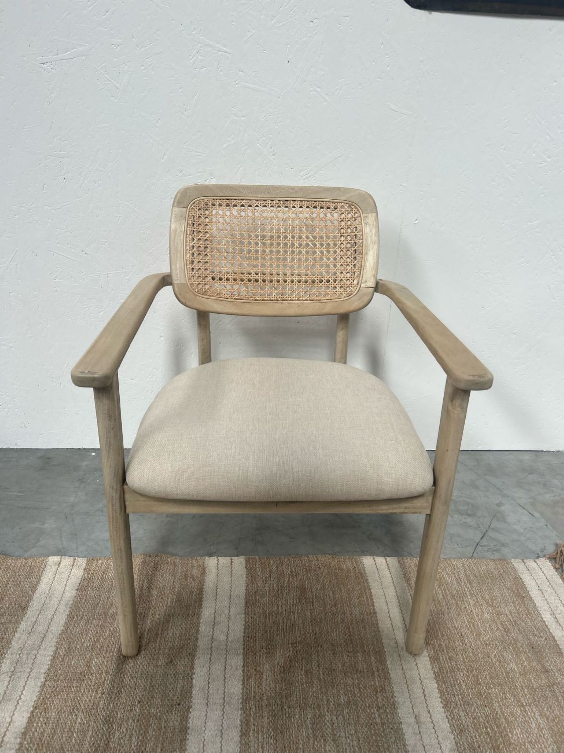 Natural Teak Wood Dining Chair with Rattan Backrest and Cushioned Seat - Home Furniture Interiors