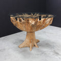 Glass Top 110cm Round 4 Seater Dining Table with Teak Root Wood Truck Base