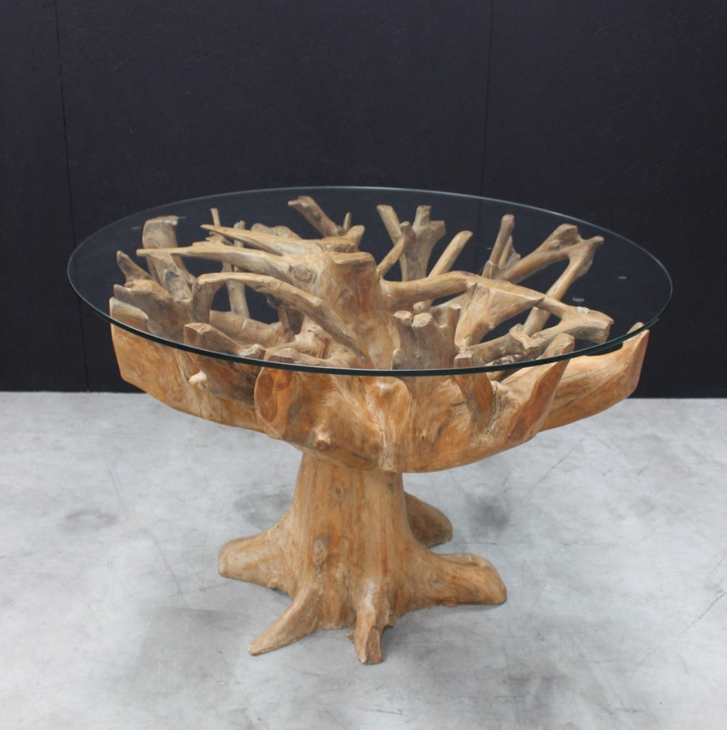 Glass Top 110cm Round 4 Seater Dining Table with Teak Root Wood Truck Base - Home Furniture Interiors