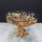 Glass Top 110cm Round 4 Seater Dining Table with Teak Root Wood Truck Base - Home Furniture Interiors
