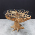 Glass Top 130cm Round 6 Seater Dining Table with Teak Root Base