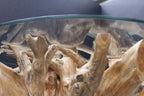 Glass Top 130cm Round 6 Seater Dining Table with Teak Root Base - Home Furniture Interiors