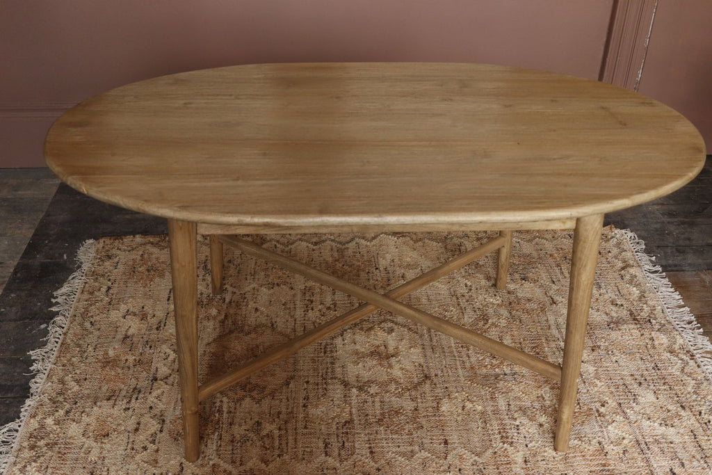 Rustic Natural Teak Wood Oval 4 Seater Dining Table with Cross Legs - Home Furniture Interiors
