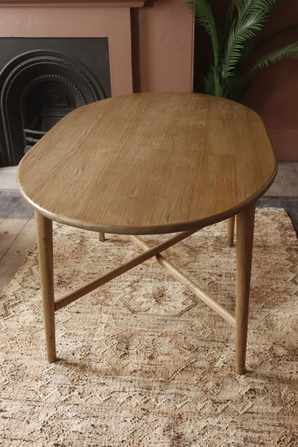 Rustic Natural Teak Wood Oval 4 Seater Dining Table with Cross Legs - Home Furniture Interiors