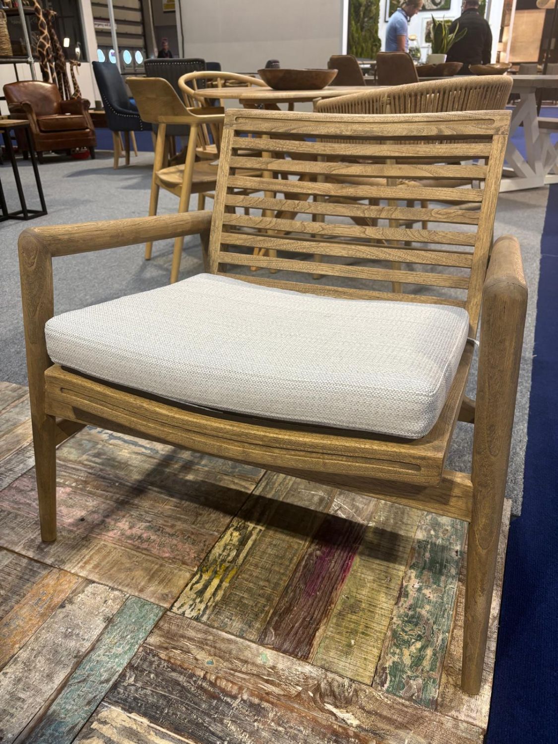 Natural Brown Teak Wood Garden Armchair with Slatted Backrest