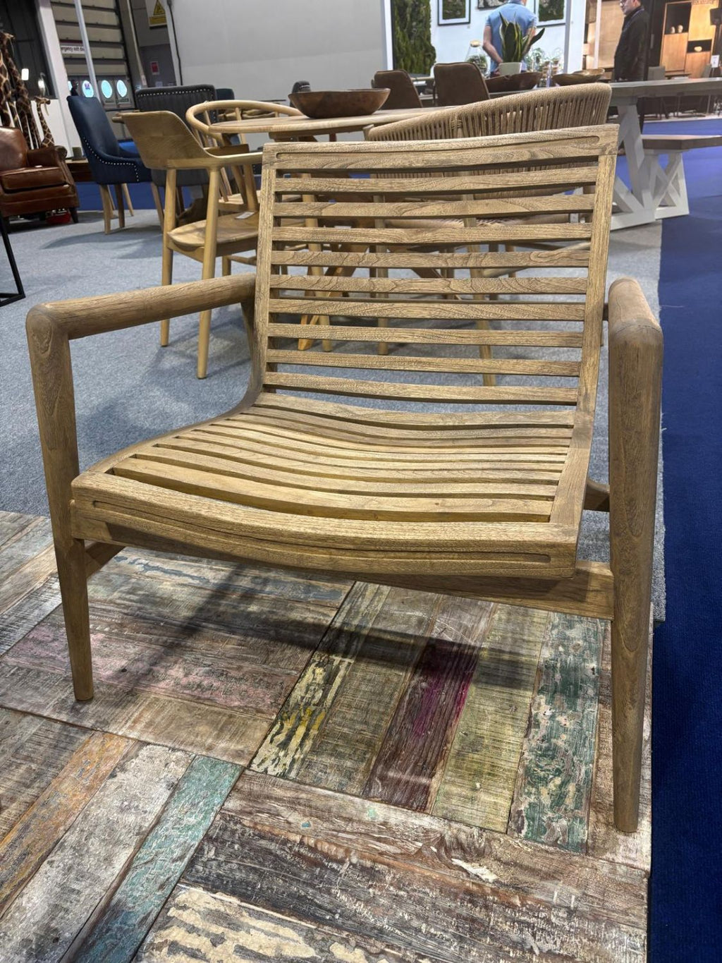 Natural Brown Teak Wood Garden Armchair with Slatted Backrest - Home Furniture Interiors