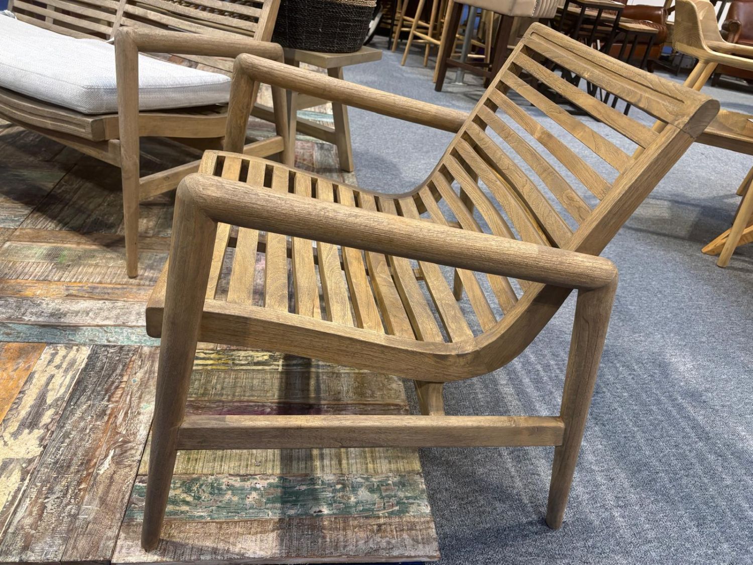 Natural Brown Teak Wood Garden Armchair with Slatted Backrest - Home Furniture Interiors
