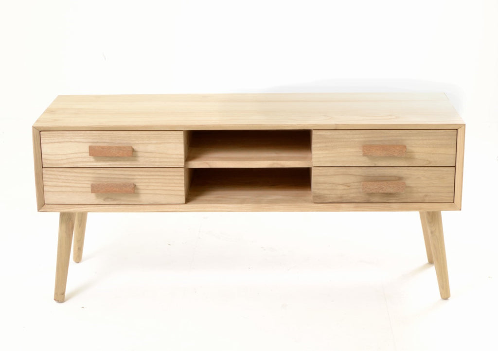 Modern Natural Oak Veneer 4 Drawer Media Unit with Open Shelves - Home Furniture Interiors
