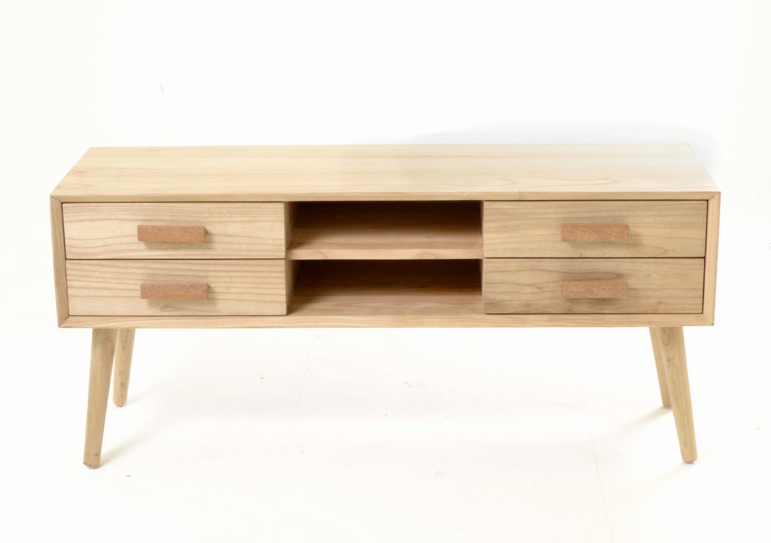 Modern Natural Oak Veneer 4 Drawer Media Unit with Open Shelves - Home Furniture Interiors