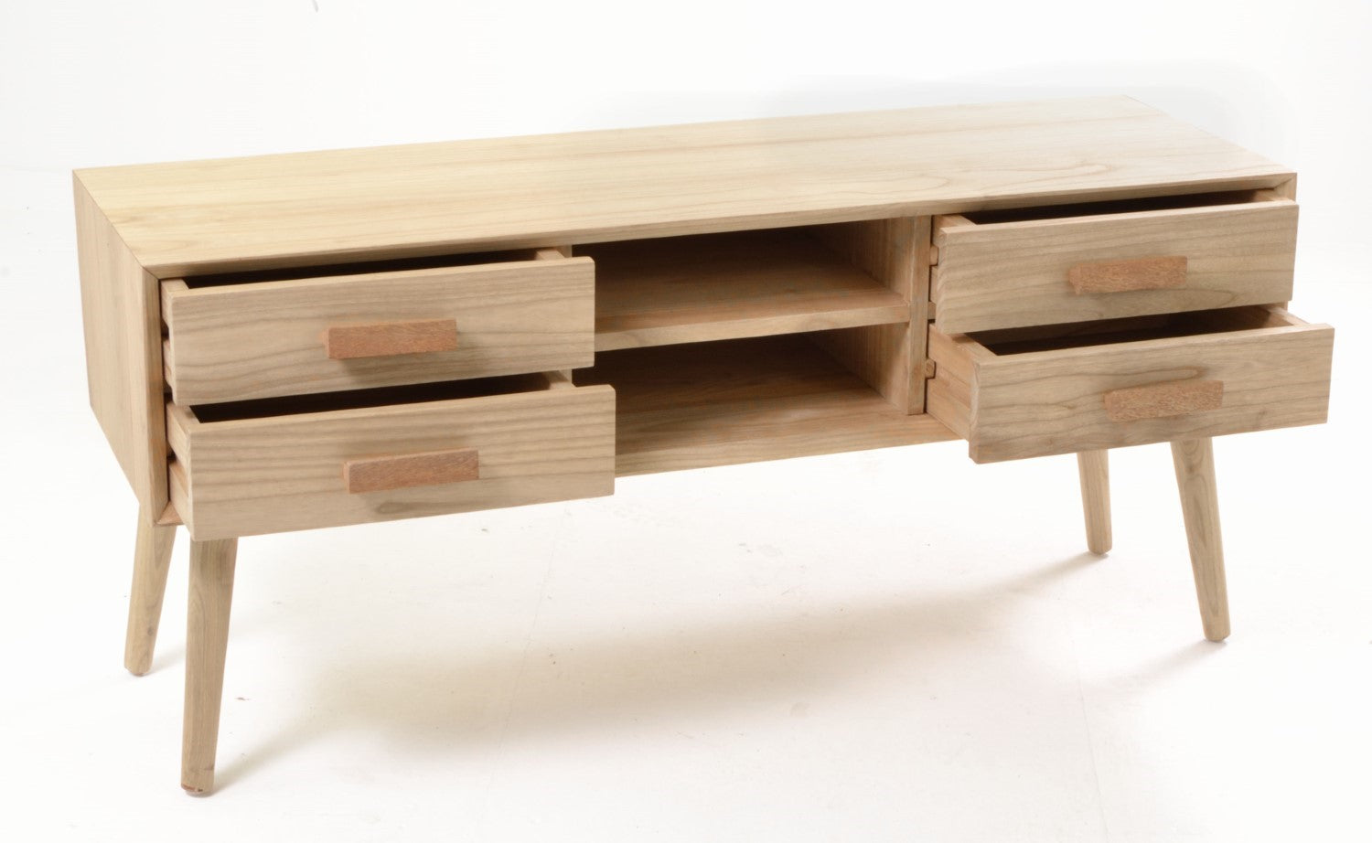 Modern Natural Oak Veneer 4 Drawer Media Unit with Open Shelves - Home Furniture Interiors