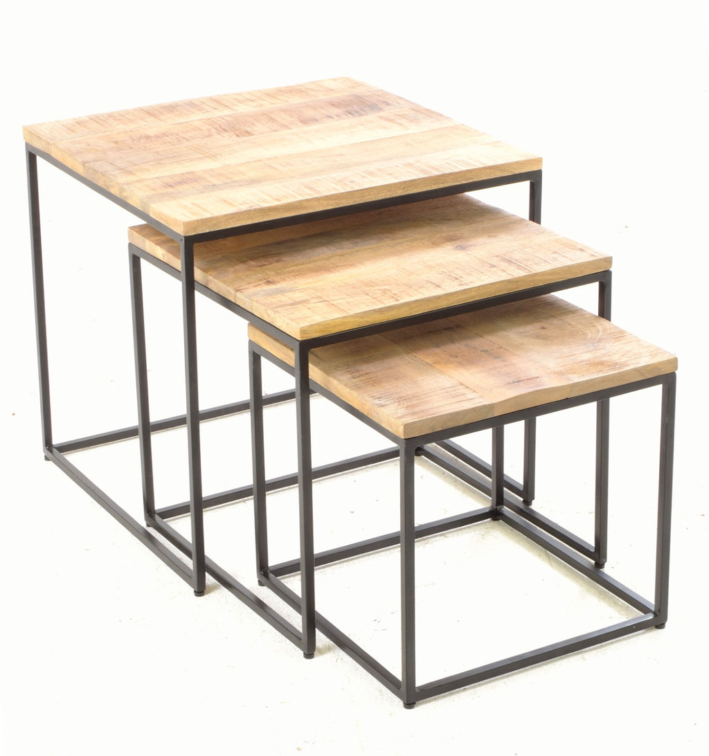 Industrial Natural Mango Wood Nest of 3 Tables - Home Furniture Interiors