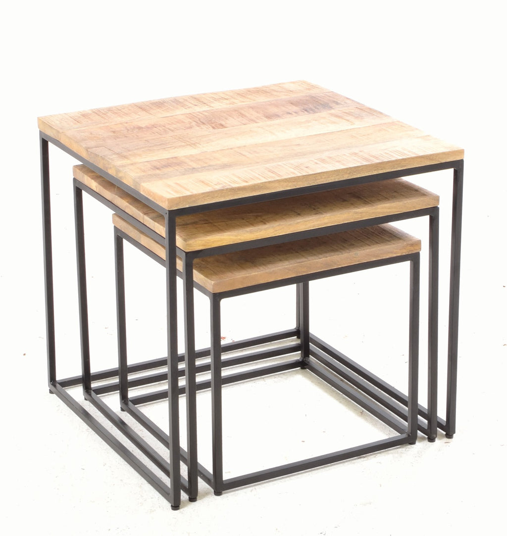 Industrial Natural Mango Wood Nest of 3 Tables - Home Furniture Interiors