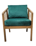 Garden Rattan and Wood Occasional Arm Chair with Green Velvet Cushions