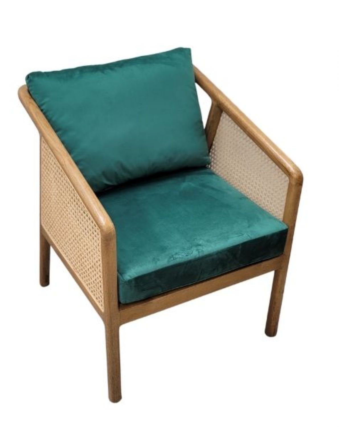 Garden Rattan and Wood Occasional Arm Chair with Green Velvet Cushions - Home Furniture Interiors