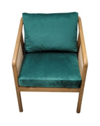 Garden Rattan and Wood Occasional Arm Chair with Green Velvet Cushions - Home Furniture Interiors