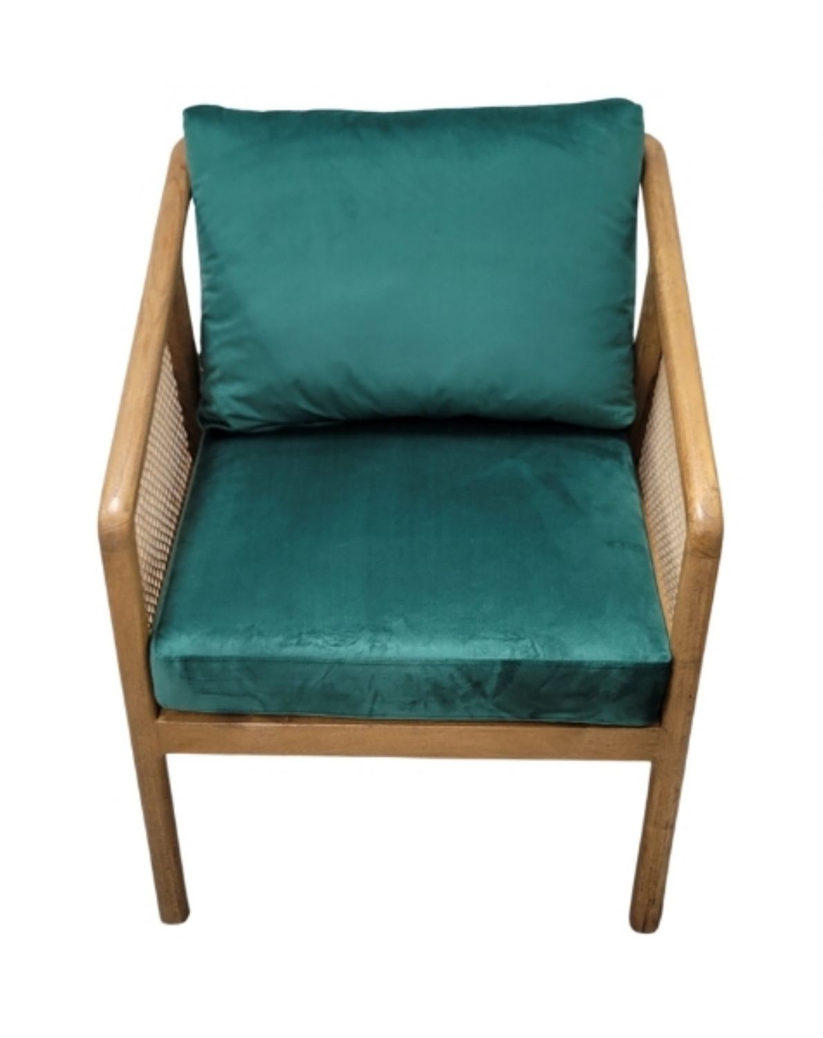 Garden Rattan and Wood Occasional Arm Chair with Green Velvet Cushions - Home Furniture Interiors