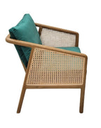 Garden Rattan and Wood Occasional Arm Chair with Green Velvet Cushions - Home Furniture Interiors