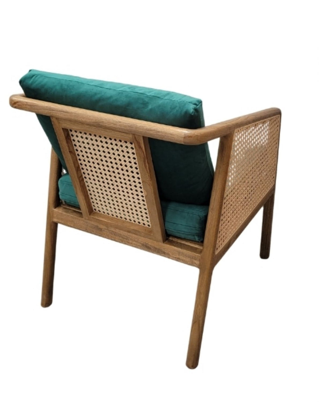 Garden Rattan and Wood Occasional Arm Chair with Green Velvet Cushions - Home Furniture Interiors
