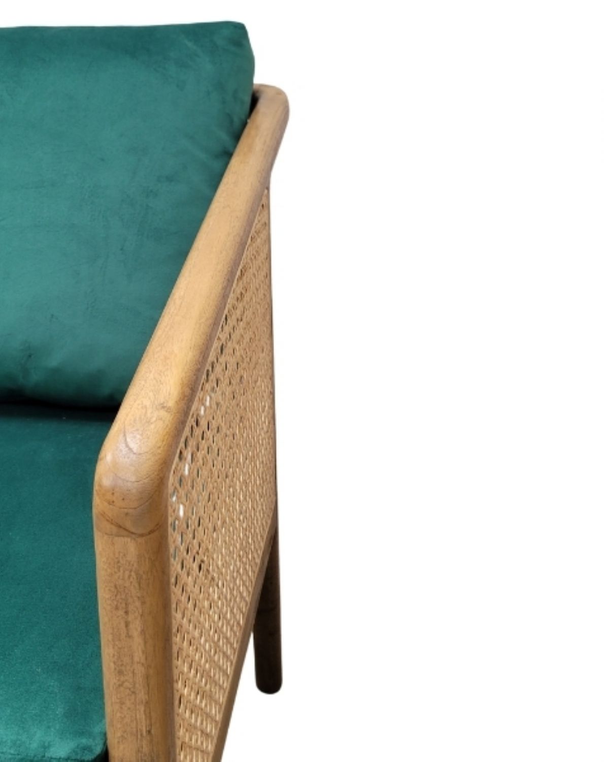 Garden Rattan and Wood Occasional Arm Chair with Green Velvet Cushions - Home Furniture Interiors