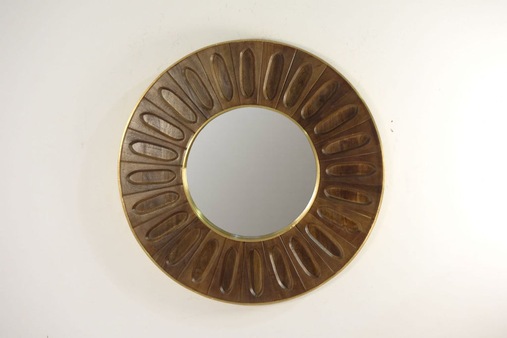 Bronze Wooden Carved Oval Tile Design Round Mirror with Brass Edge