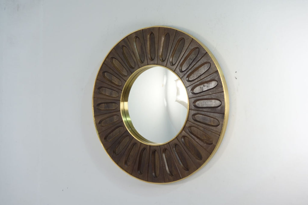 Bronze Wooden Carved Oval Tile Design Round Mirror with Brass Edge - Home Furniture Interiors