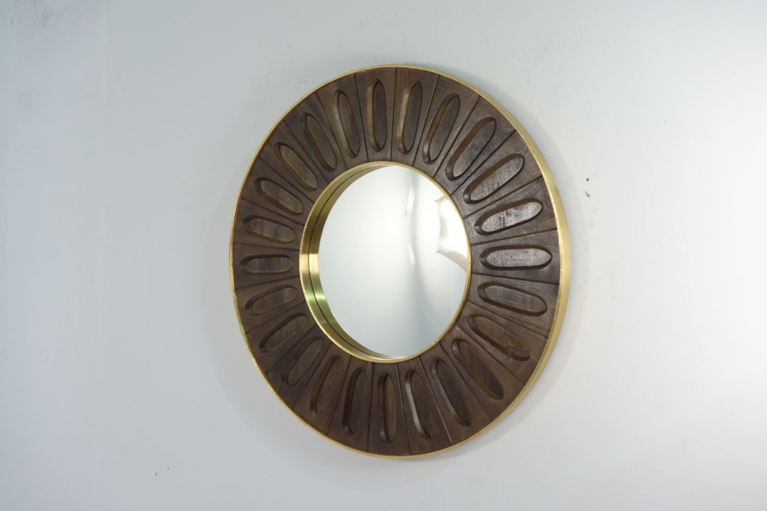 Bronze Wooden Carved Oval Tile Design Round Mirror with Brass Edge - Home Furniture Interiors